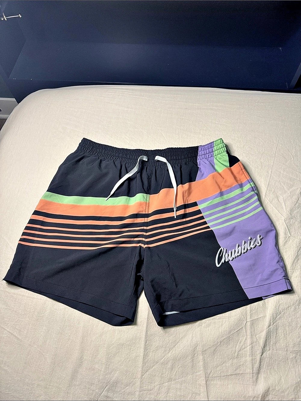 Chubbies Striped Swim Trunks in Black & Purple XL Like New